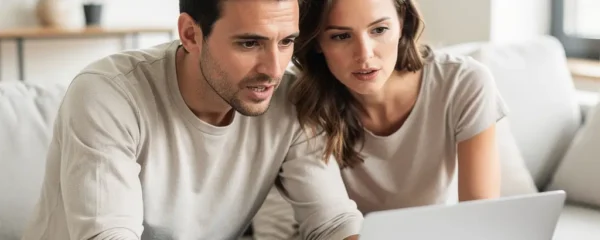 Couple trentenaire analysant leur projet de crédit immobilier sur ordinateur