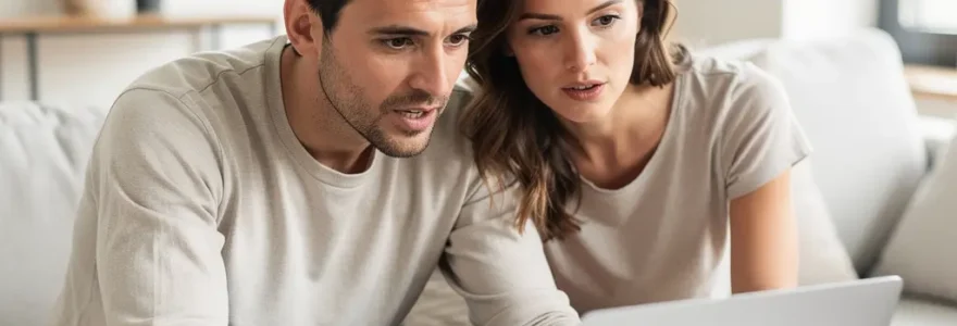 Couple trentenaire analysant leur projet de crédit immobilier sur ordinateur
