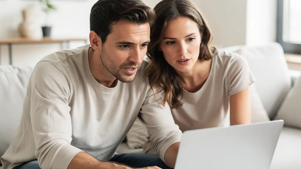 Couple trentenaire analysant leur projet de crédit immobilier sur ordinateur