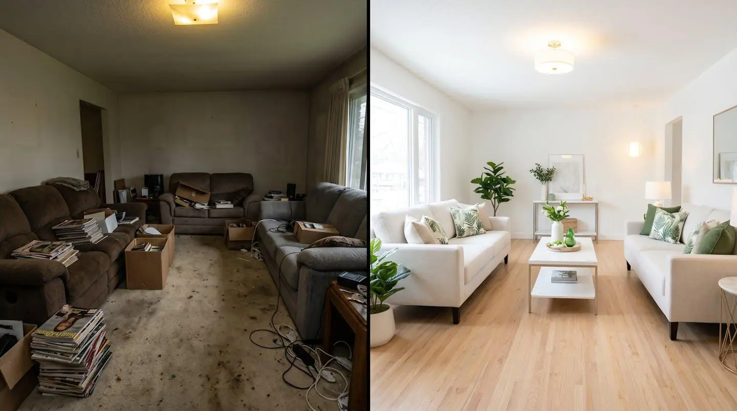 Comparaison avant/après d'un salon : d'un côté encombré, de l'autre épuré et lumineux après home staging.