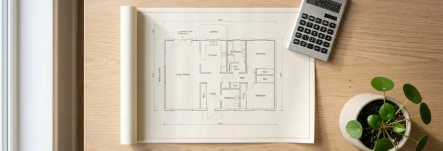 Plan de maison, calculatrice et plante verte sur une table en bois, symbolique d'une estimation immobilière sereine.