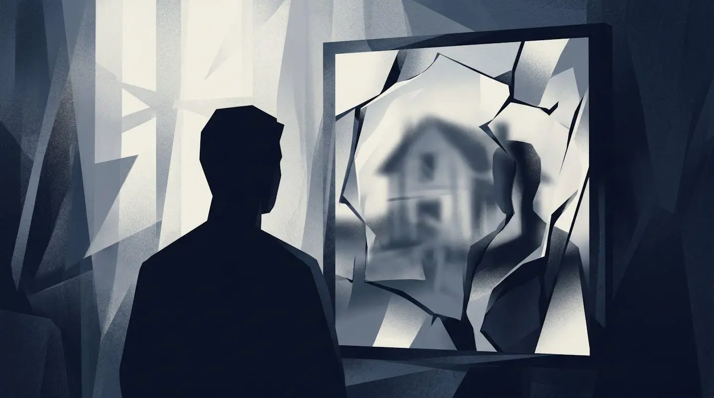 Silhouette d'une personne regardant un miroir déformant, représentant les doutes et les pièges de la vente immobilière.